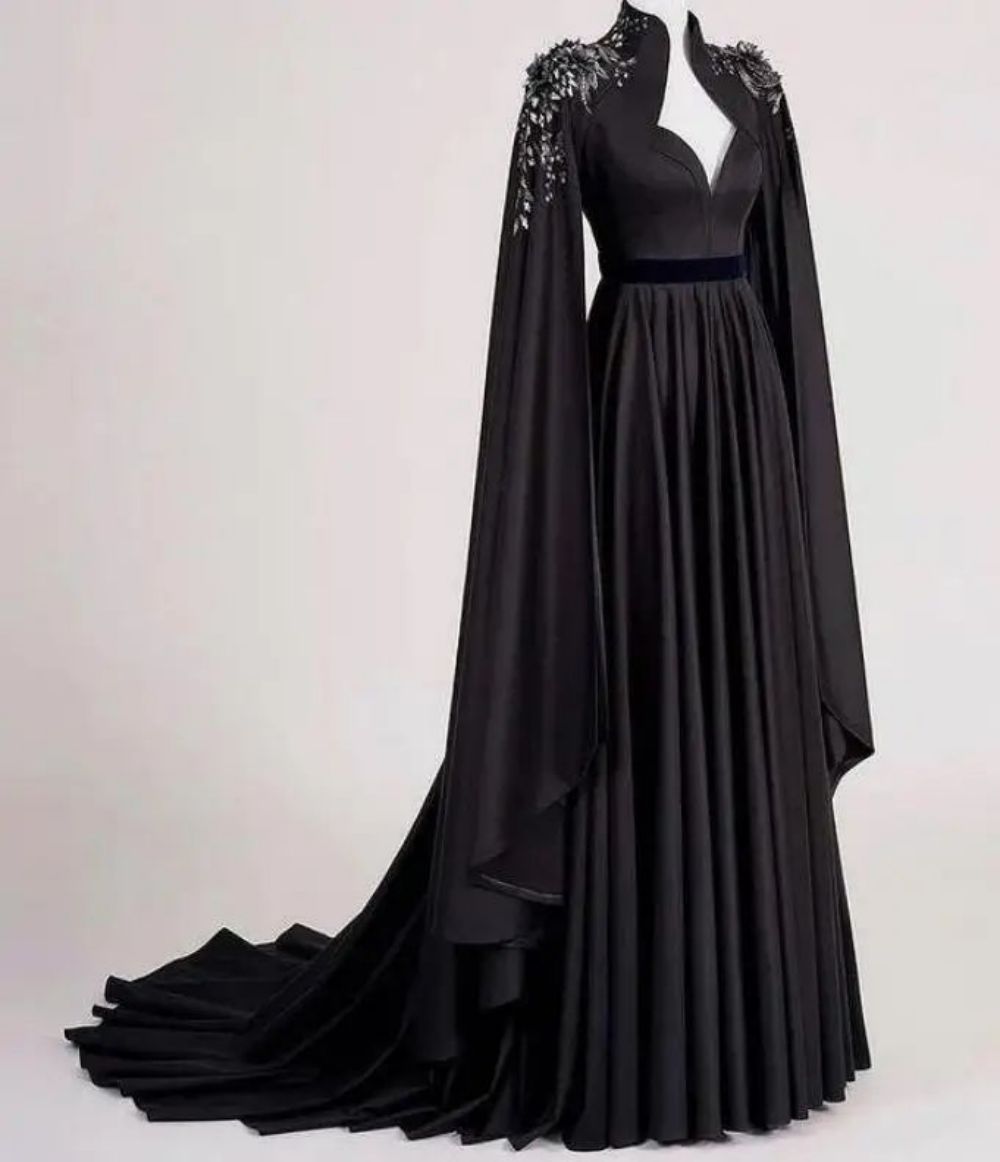 High-grade Fabric Black Floor-length Dress V-neck High Back Long Sleeve Three-dimensional Lace Flower A-line Skirt Prom Dress