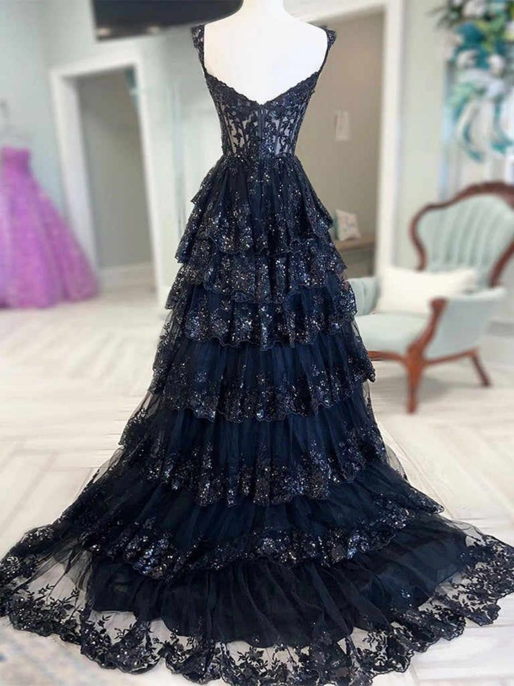 Black Lace Up Off Shoulder Corset Layered Ballroom Dress