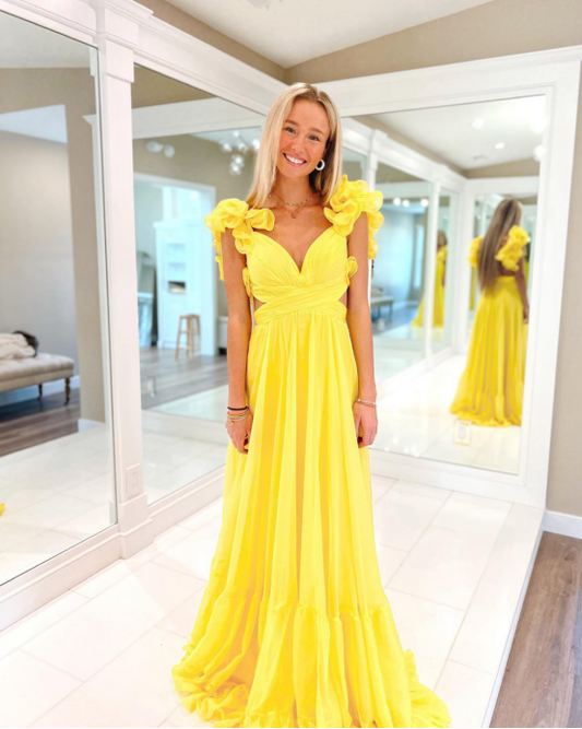 Chiffon Floor Length Prom Dresses for Women V Neck Ruffles Backless Flower Formal Evening Party Gown