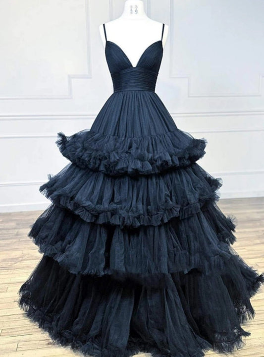 A-line V-neck tulle ball gown with double straps and multi-layered ruffles. Customizable in multiple colors.