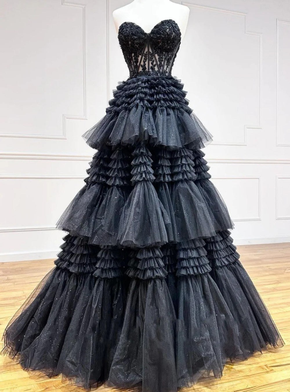 Glitter Tulle Multi-layered Ruffled Black Ball Gown Slit Long Princess Quinceanera Dress