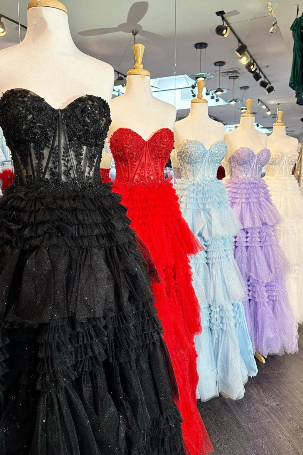 Glitter Tulle Multi-layered Ruffled Black Ball Gown Slit Long Princess Quinceanera Dress