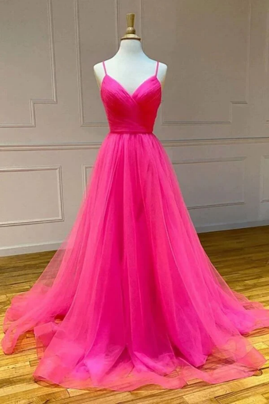 Sweet Tulle Evening Dress Spaghetti Straps V-neck Side Split Long Prom Gown