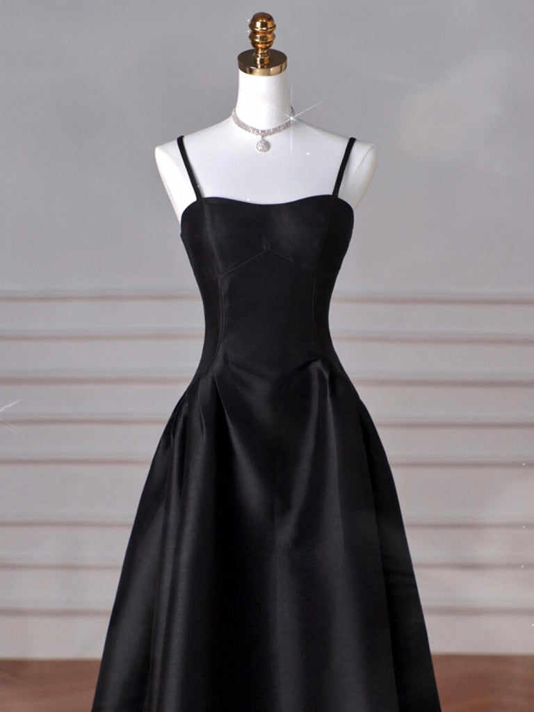 Black Spaghetti Strap Satin Maxi Dress A-line Black Formal Prom Evening Dress