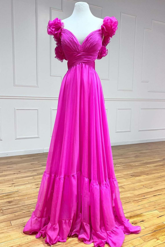 Chiffon Floor Length Prom Dresses for Women V Neck Ruffles Backless Flower Formal Evening Party Gown