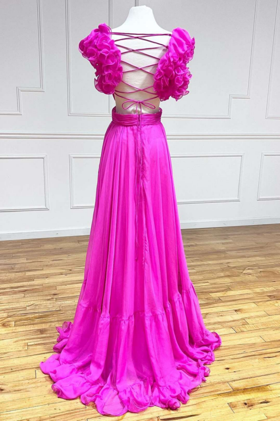 Chiffon Floor Length Prom Dresses for Women V Neck Ruffles Backless Flower Formal Evening Party Gown