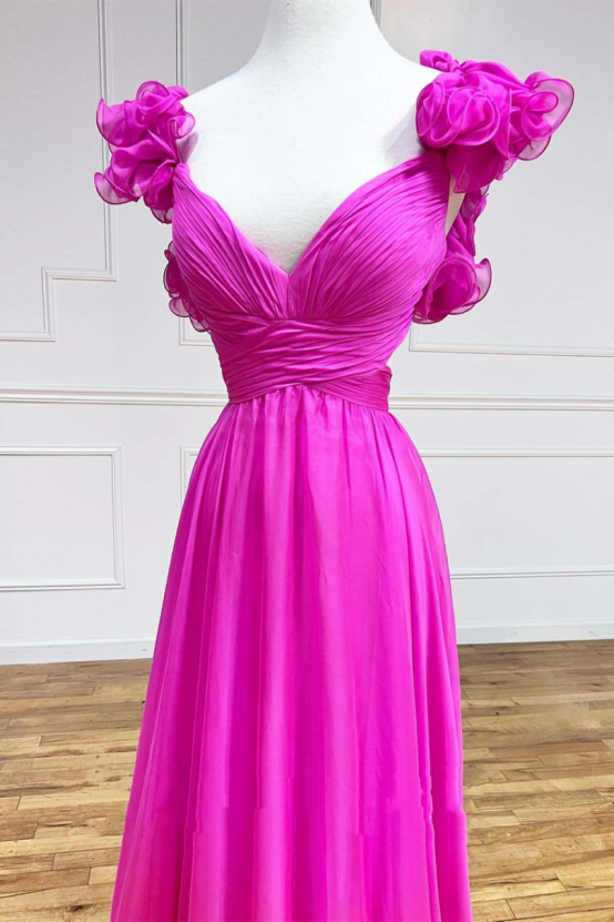 Chiffon Floor Length Prom Dresses for Women V Neck Ruffles Backless Flower Formal Evening Party Gown