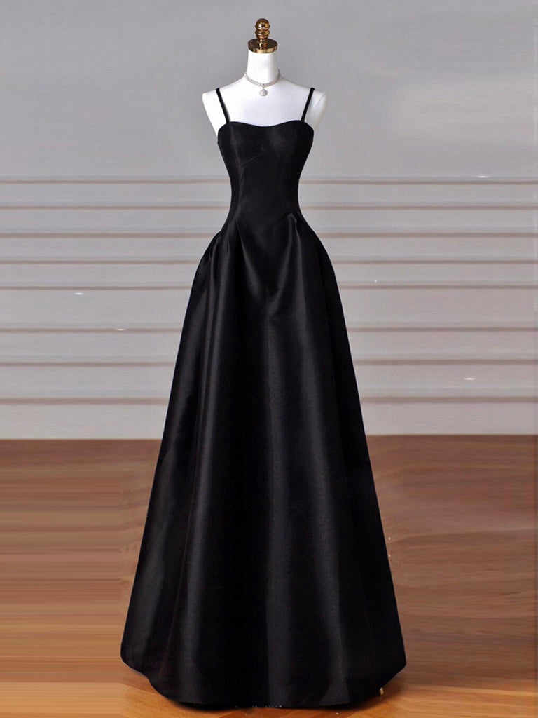 Black Spaghetti Strap Satin Maxi Dress A-line Black Formal Prom Evening Dress