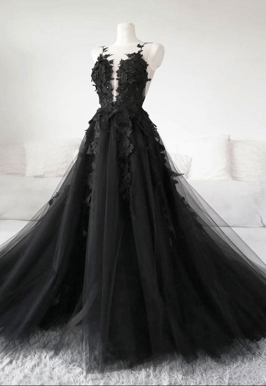 Black Tulle Lace Floor-length Long Ball Gown With Diamond Embellishment Black Evening Gown