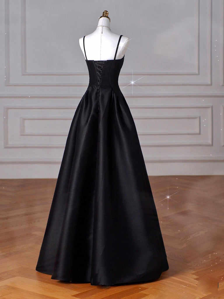 Black Spaghetti Strap Satin Maxi Dress A-line Black Formal Prom Evening Dress